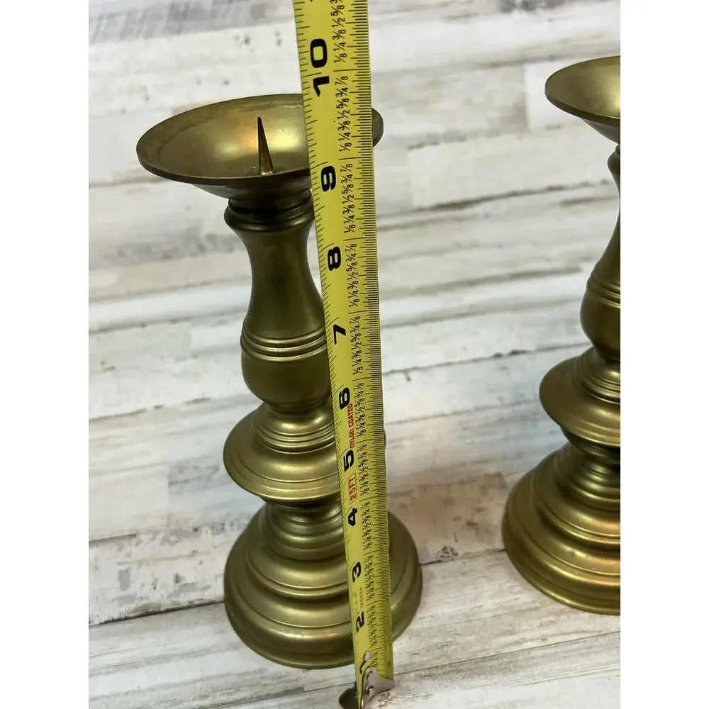 Pair Heavy Solid Brass Taper Candle Holders Traditional Gold Tone 9.5